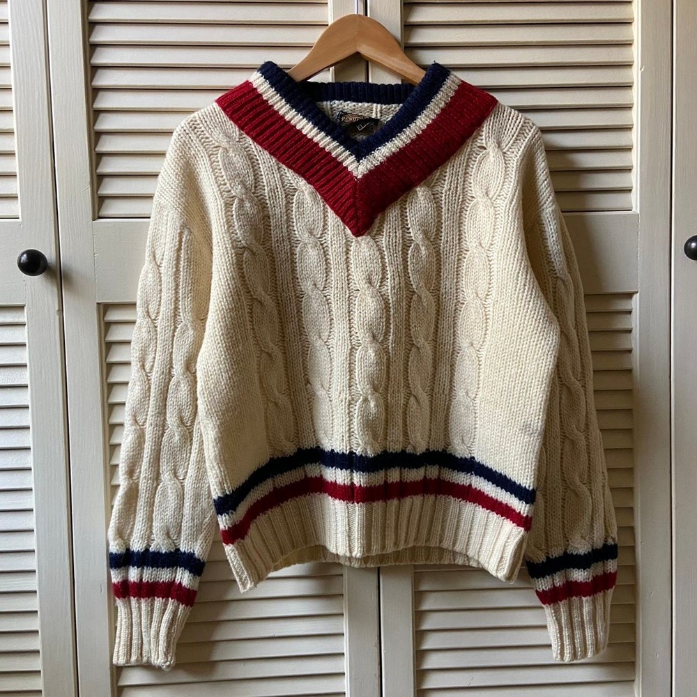 RARE Vintage 60s Pendleton Tennis Cable Knit Sweater Cream White Red Blue Size M